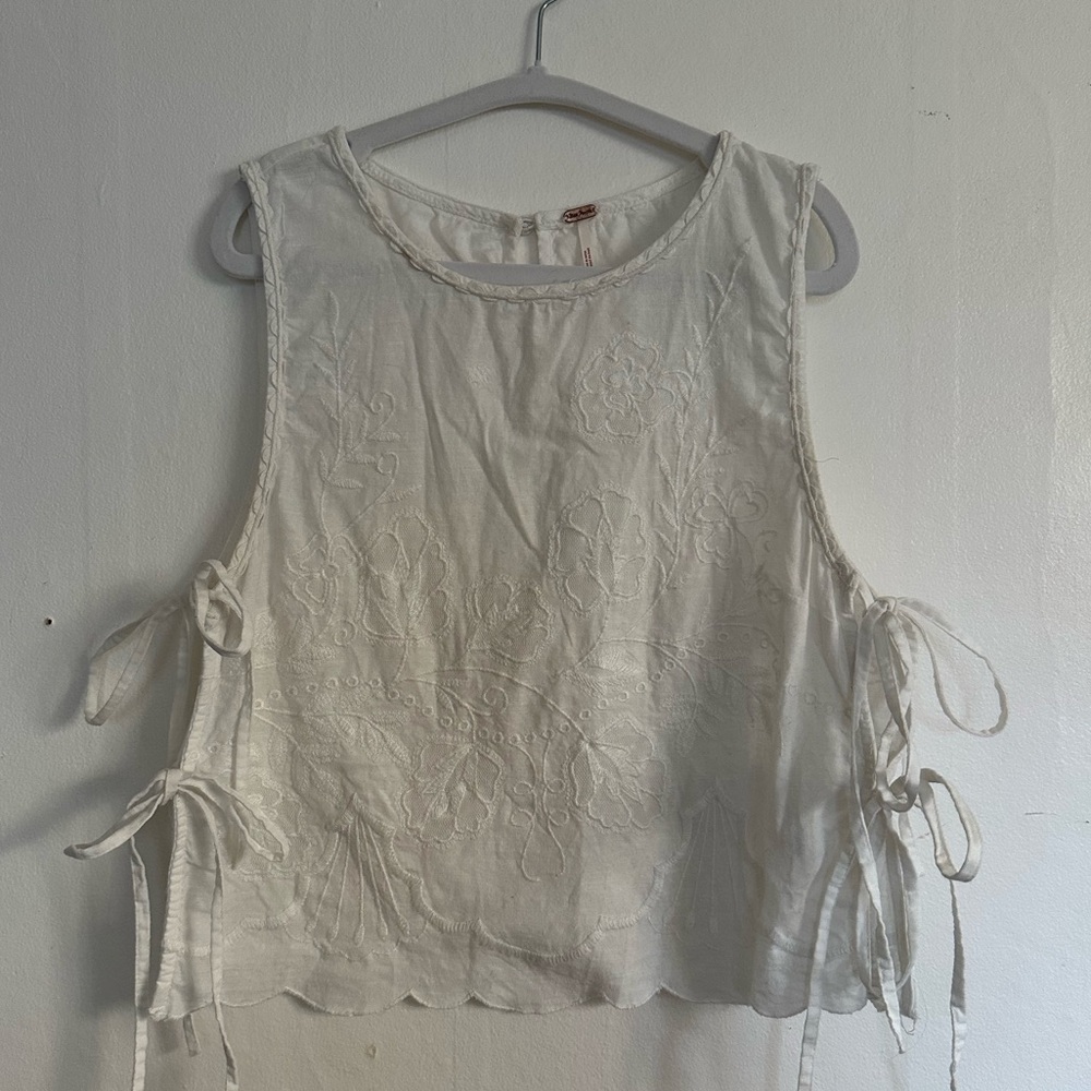Free People White Embroidered Tie-Side Tank